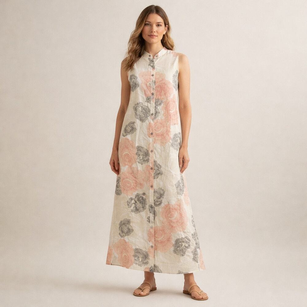 Joan Vass Linen Maxi Dress Size Medium Floral Sleeveless Peach and Gray Flowers
